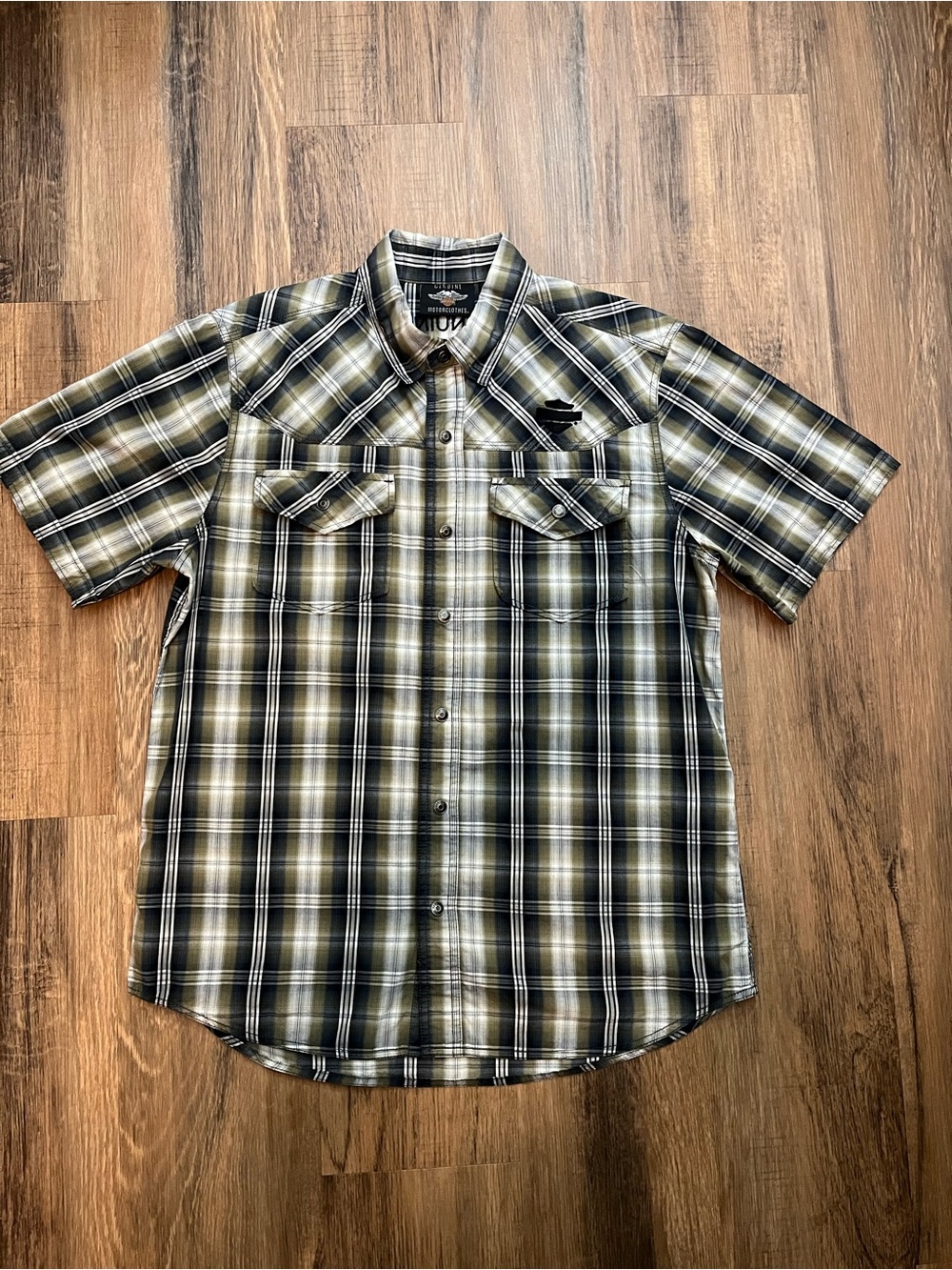 Harley-Davidson Men's SS Plaid Snap Front Shirt Sz L Green Multi 100% Cotton